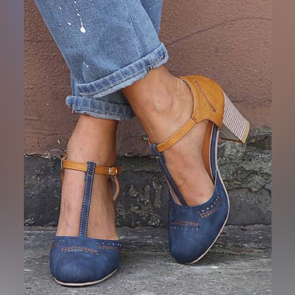 Blue & Tan Color Block Block-Heel T-Strap Pump